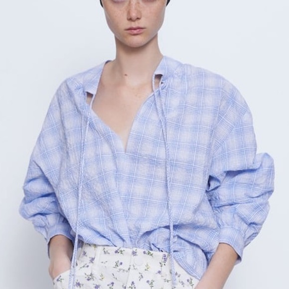 ZARA NEW SS20 BLUE WHITE CHECK BLOUSE REF:2491/913 - Picture 1 of 7